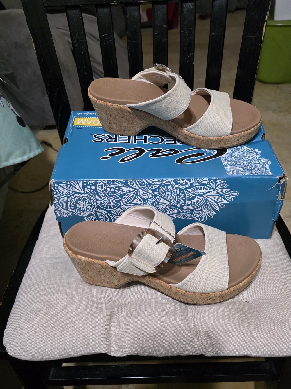 Skechers Women's Natural Linen Double-Band Cork Platform Sandalsne New Size 9.5 - Picture 4 of 8